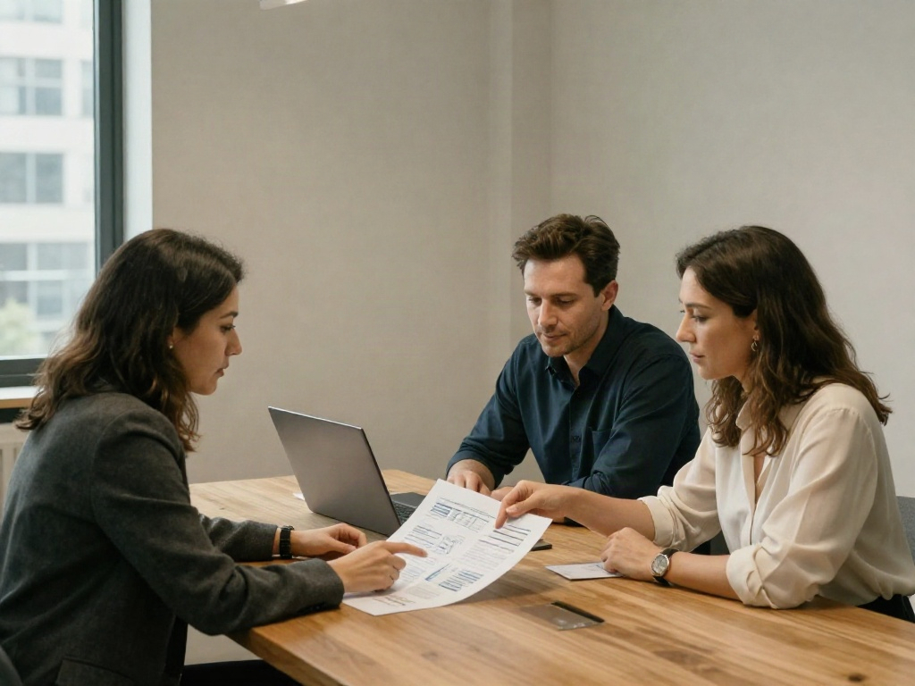 Consultants collaborating around business reports during a strategy review session
